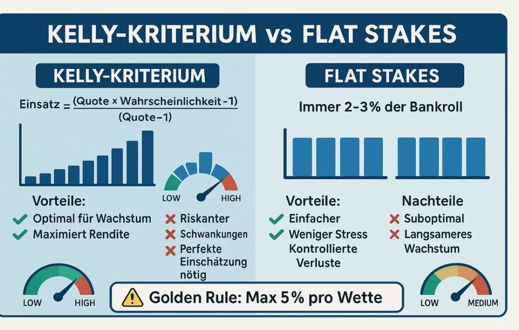 Bankroll Management Vergleich - Kelly-Kriterium vs Flat Stakes Methode für optimales Einsatzmanagement bei Value Wetten