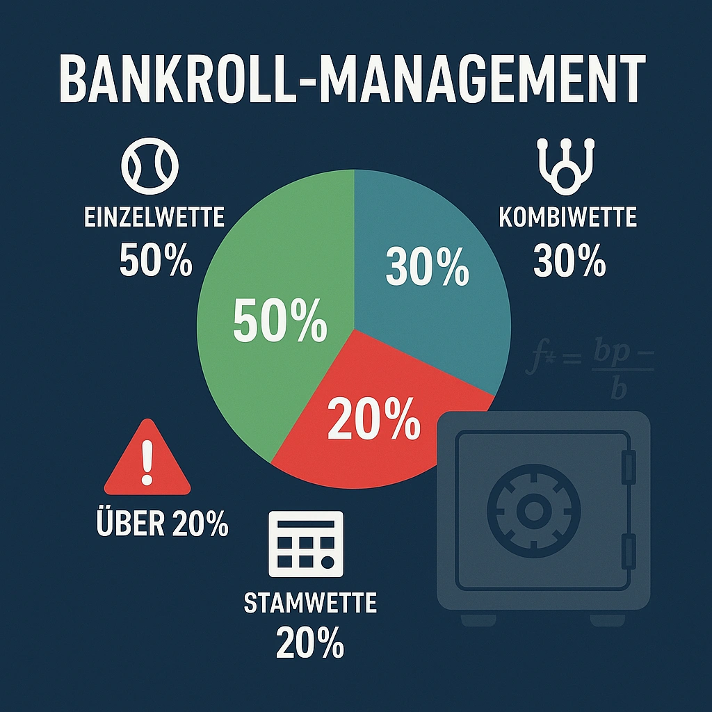 Bankroll Management mit Kelly-Kriterium - Infografik zeigt optimale Einsatzverteilung und Risikozonen für Bundesliga Wetten
