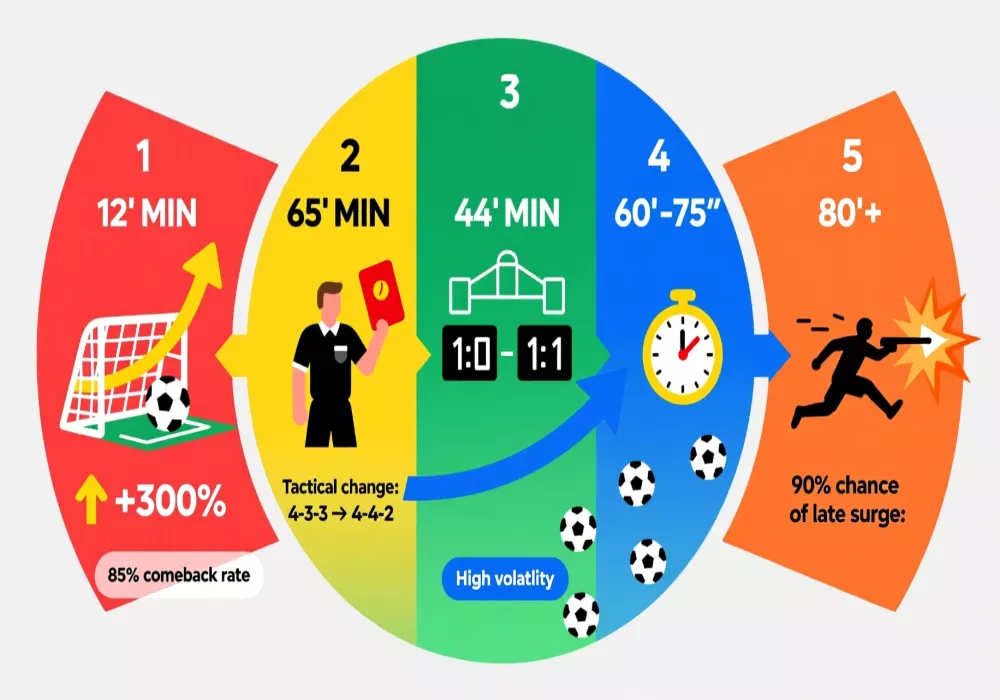 Fünf goldene Momente für Live-Wetten - Infografik zeigt optimale Zeitpunkte für In-Play Einstiege bei Bundesliga Spielen
