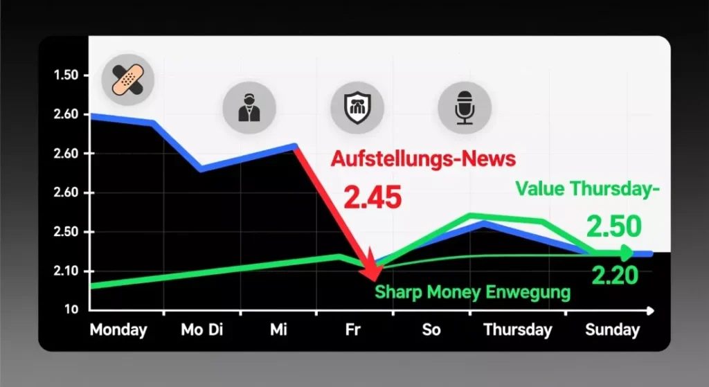 Quotenbewegungen Timeline Analyse - Visualisierung von Quoten-Änderungen während der Woche mit Interpretation der Ursachen