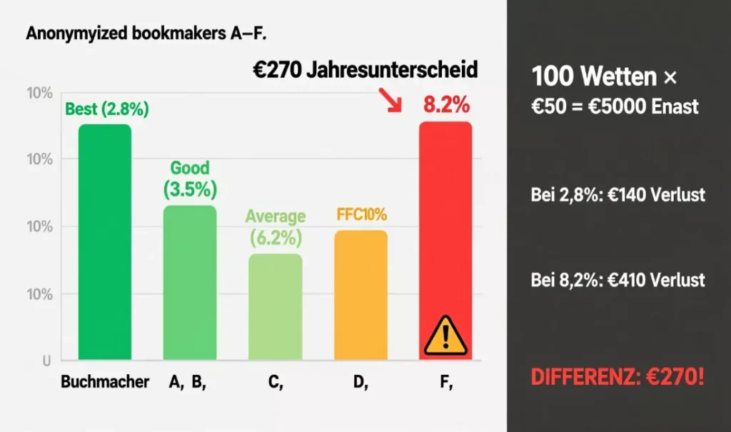 Quotenschlüssel Vergleich verschiedener Buchmacher - Chart zeigt Margen-Unterschiede und finanzielle Auswirkungen über eine Saison
