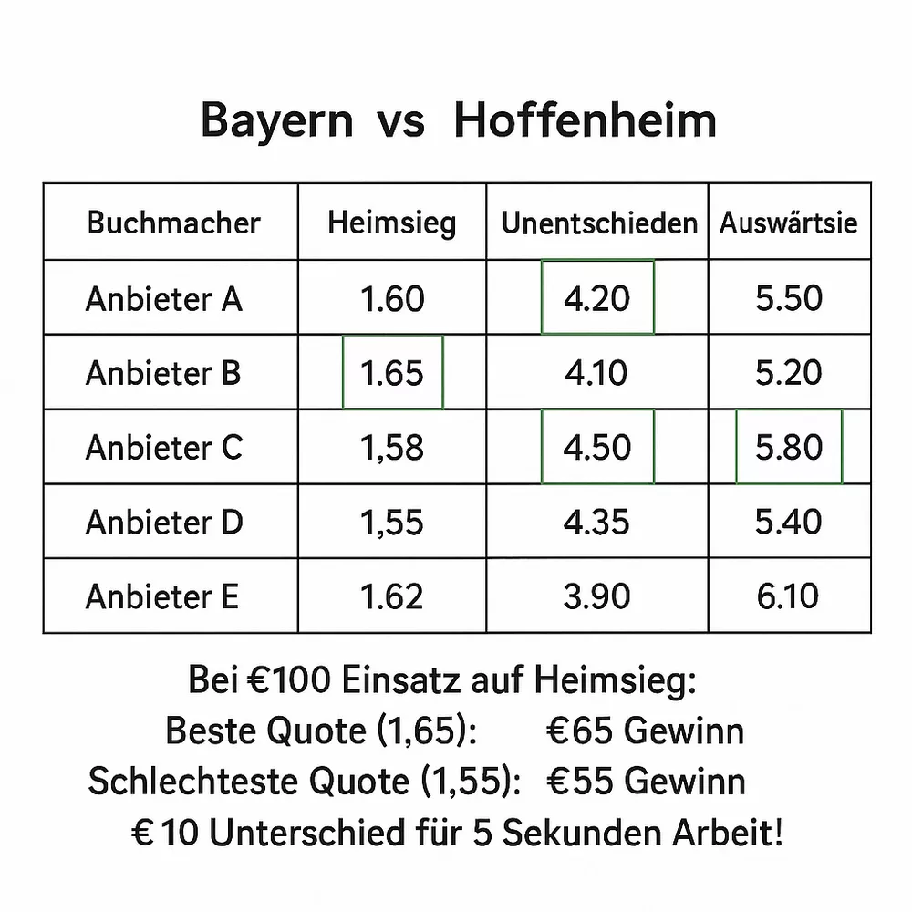 Quotenvergleich Tabelle - Praktische Übersicht der besten Quoten verschiedener Buchmacher für dasselbe Bundesliga Spiel
