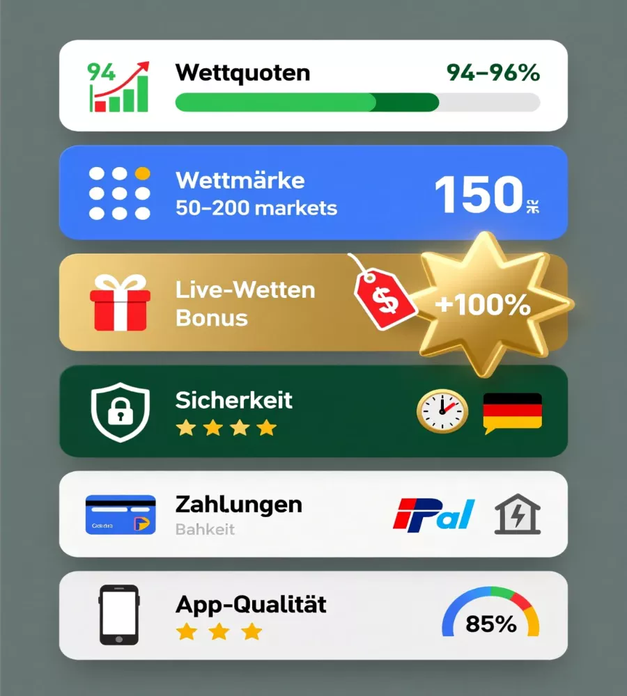 Sieben Kriterien für Wettanbieter-Test - Infografik zeigt Bewertungsfaktoren: Quoten, Märkte, Live-Wetten, Bonus, Sicherheit, Zahlung, App
