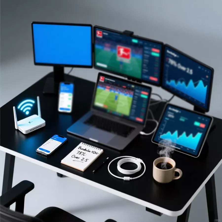 Technisches Setup für Live-Wetten - Multi-Screen Monitoring mit Laptop, Smartphone und Statistiken für optimale In-Play Strategie